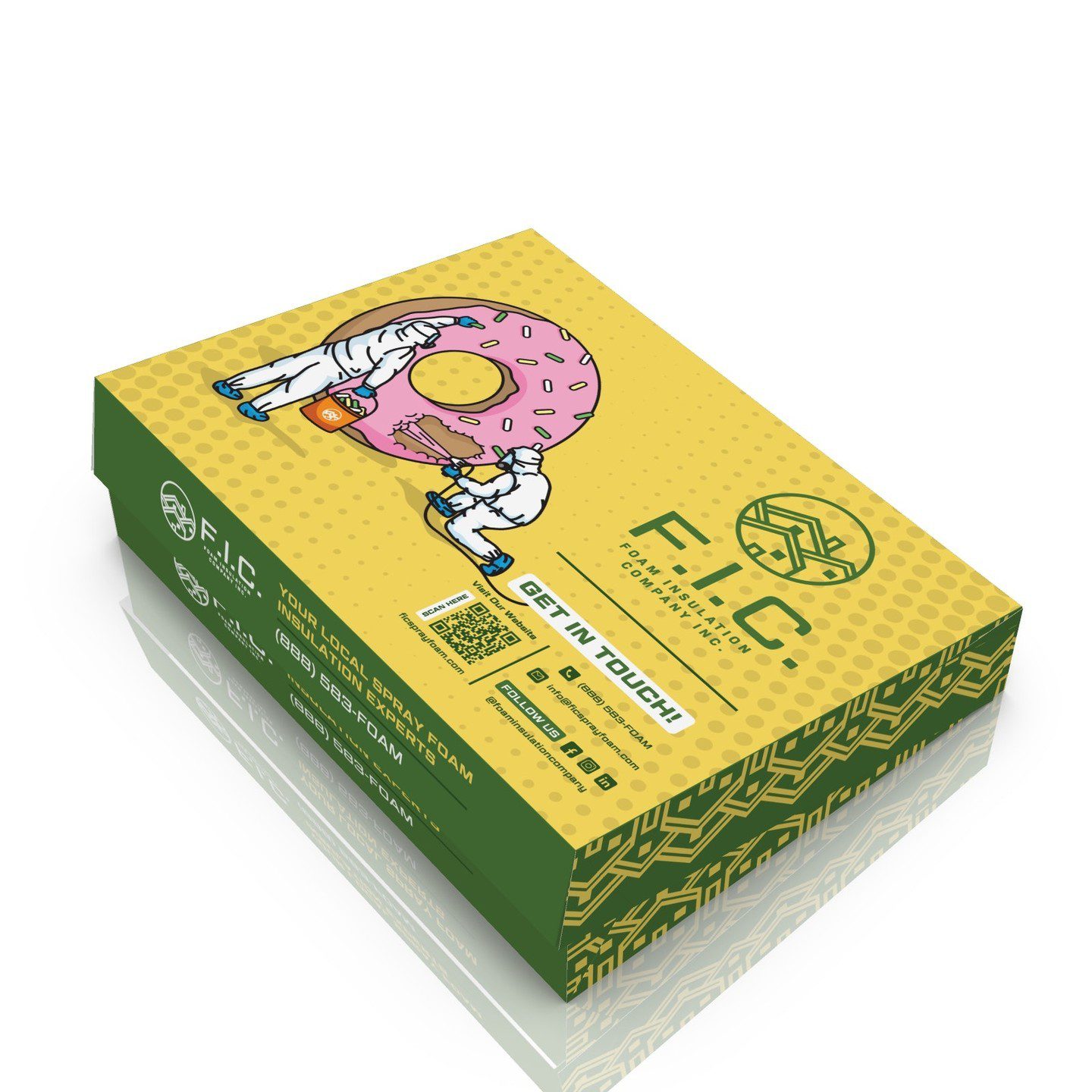 Mockup of the FIC donut boxes, featuring two workers spraying icing onto the donuts.